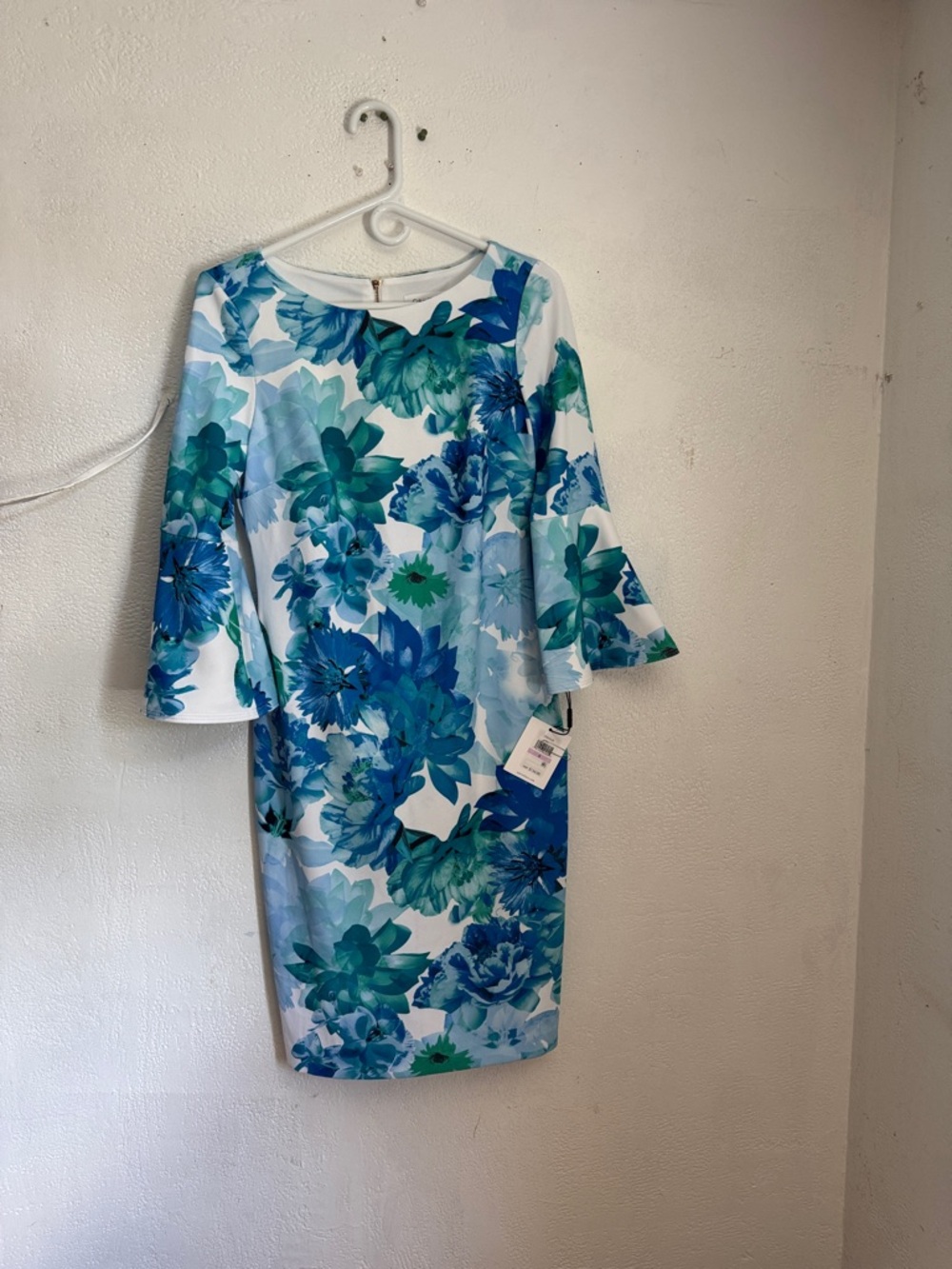 Calvin Klein Blue & Teal Floral Dress with Bell Sleeves size 6